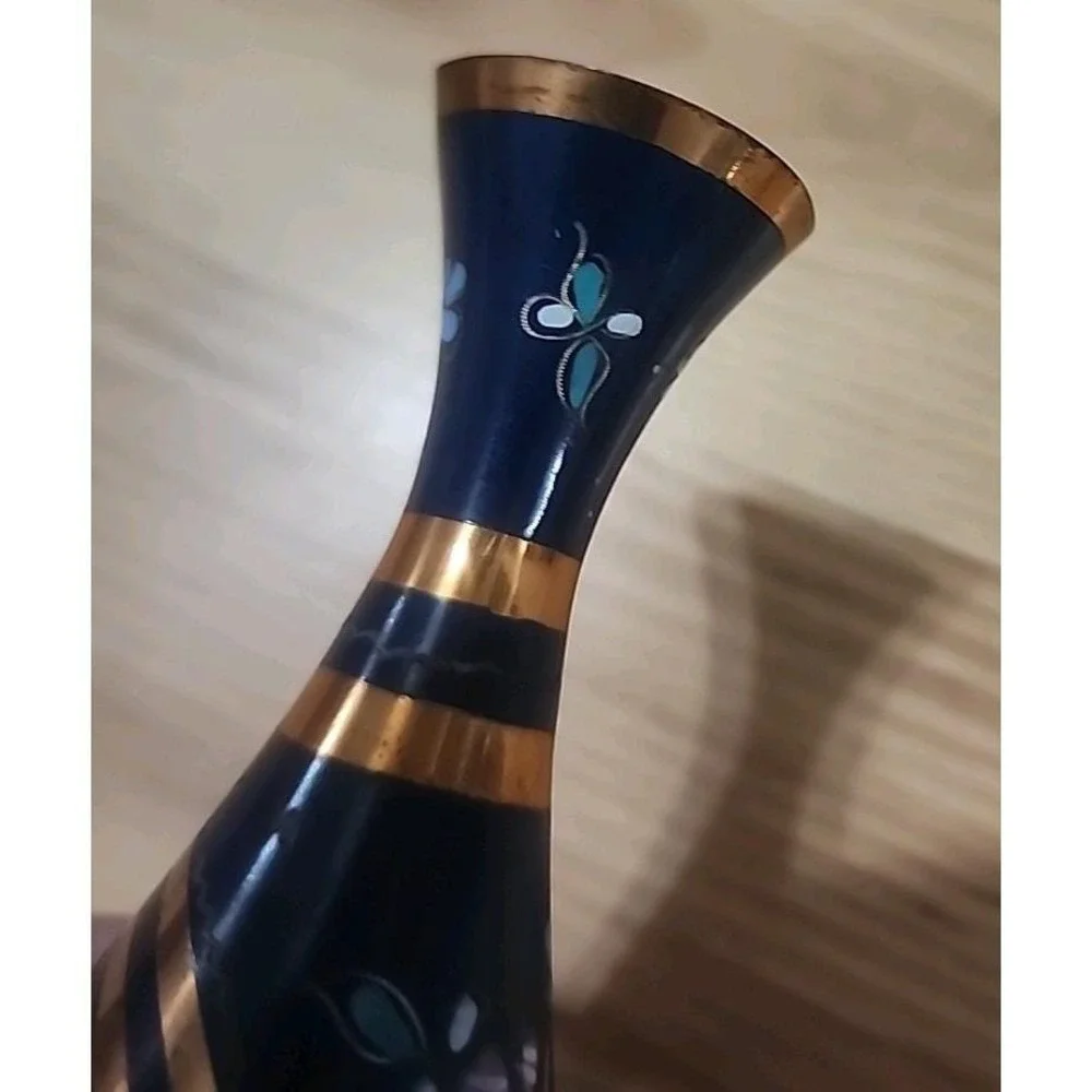 Vintage Turkish Gulistan Metal‎ Hand Painted Bud Vase 6.25in Tall Floral Design